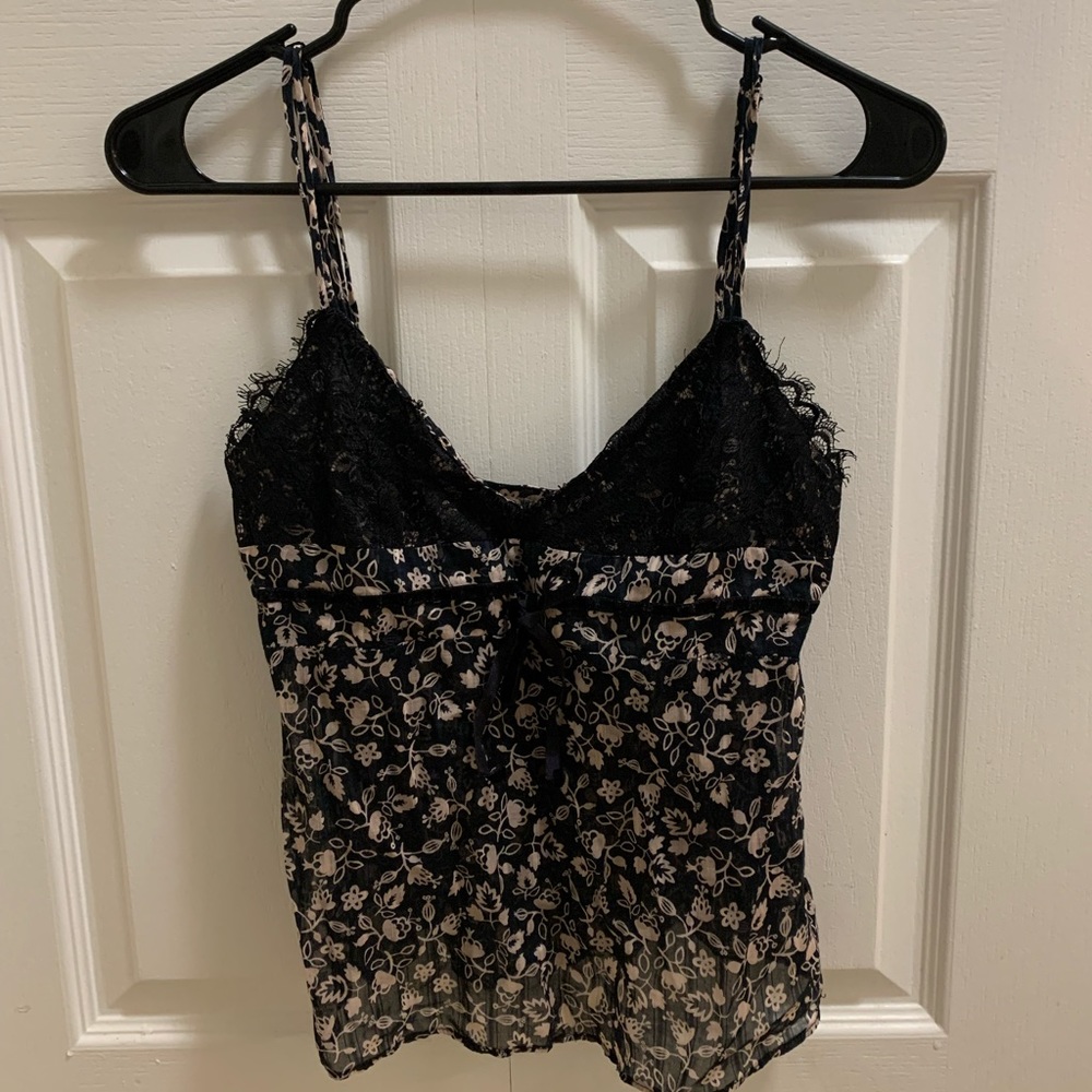 Dark blue tank top with pink flowers, with lace